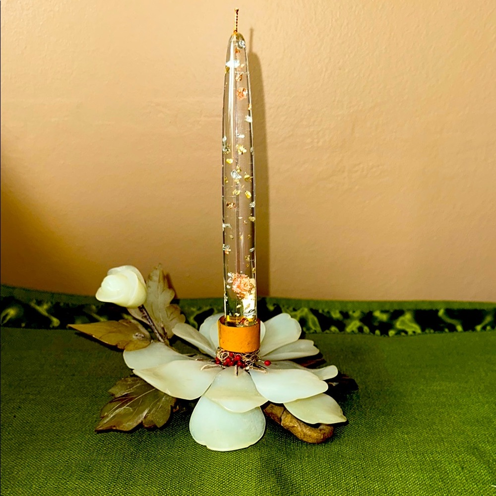 Vintage Chinese Carved Jade Candle Holder With Lucite Candle 🕯️